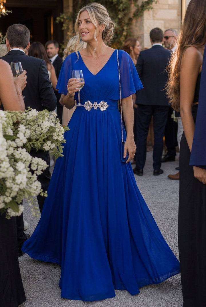 Rosie | Women's Flutter Sleeve V-Neck Embellished Evening Maxi Party Dress