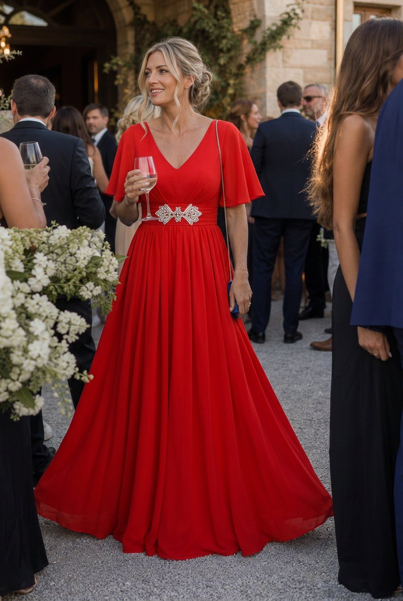 Rosie | Women's Flutter Sleeve V-Neck Embellished Evening Maxi Party Dress