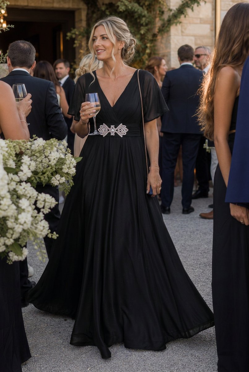 Rosie | Women's Flutter Sleeve V-Neck Embellished Evening Maxi Party Dress