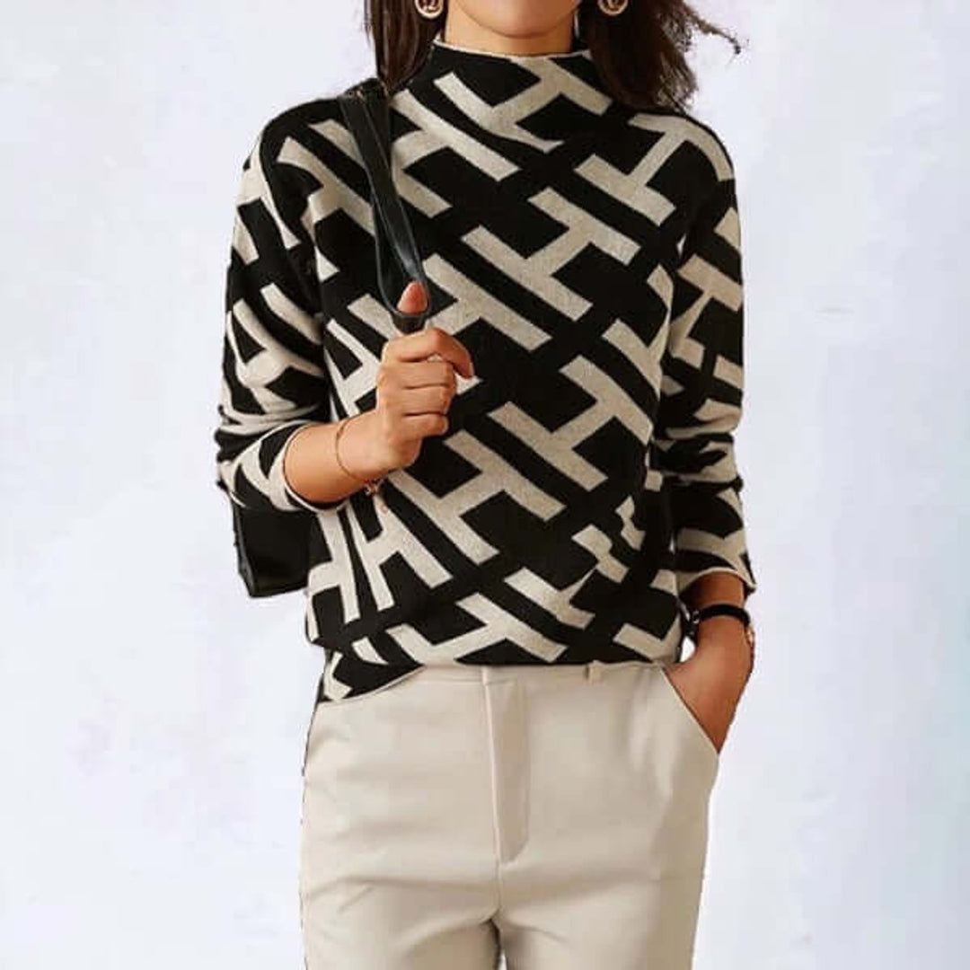 Ivy | Women's Geometric Roll Neck Jumper Long Sleeve Relaxed Fit