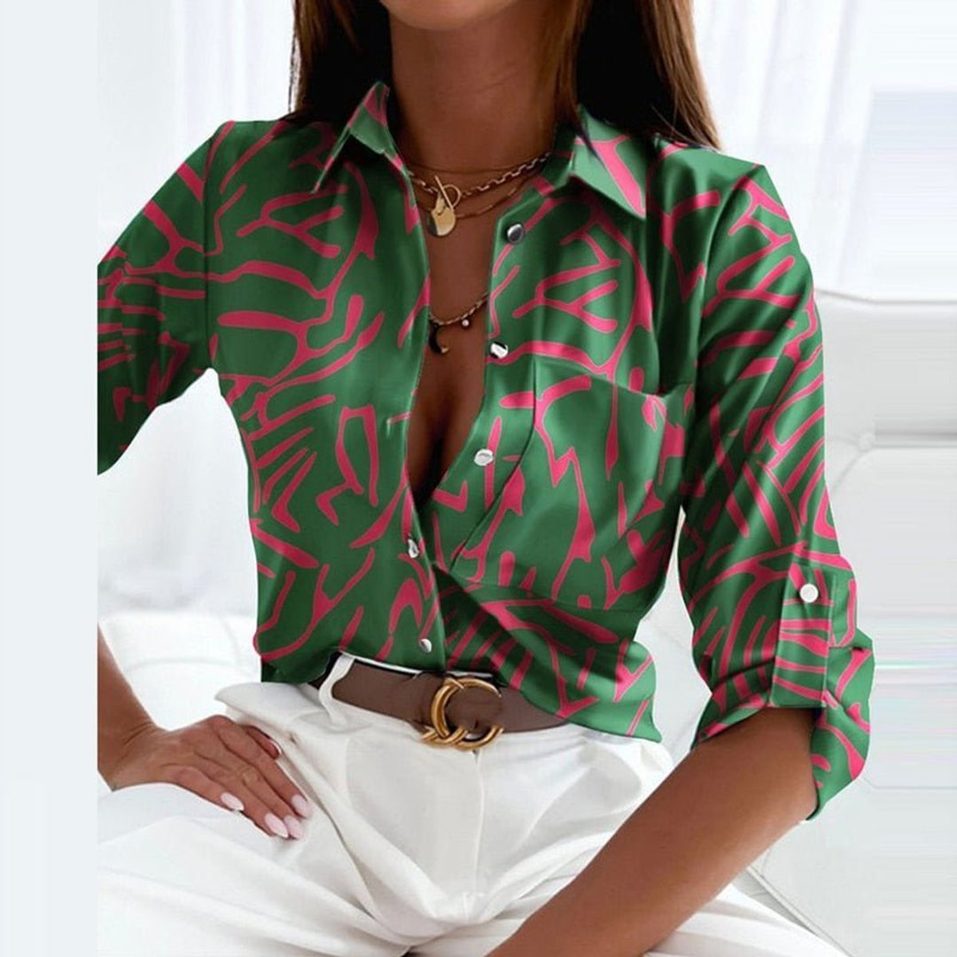 Freya | Women's Geometric Print Blouse Long Sleeve Button-Up Collared