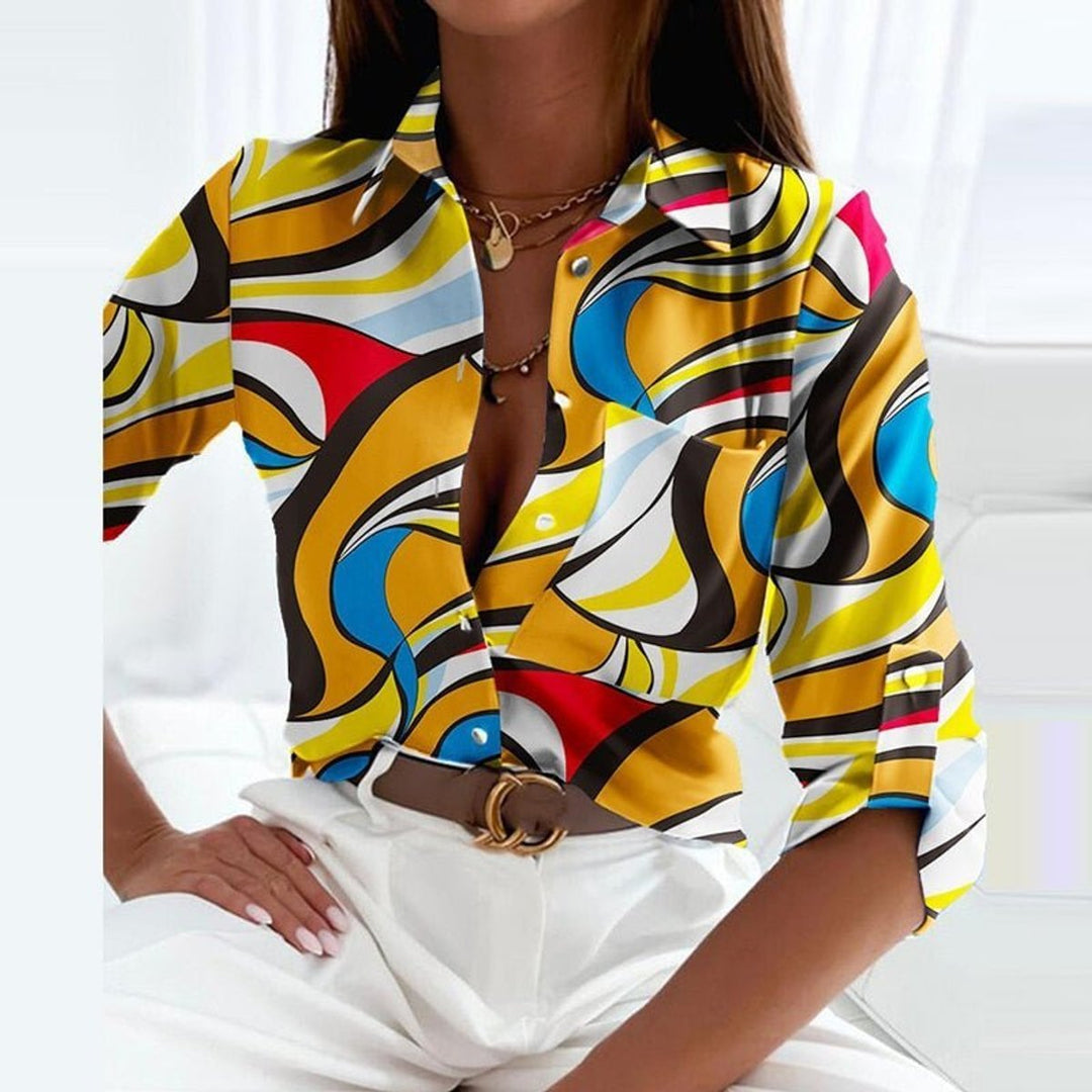 Freya | Women's Geometric Print Blouse Long Sleeve Button-Up Collared