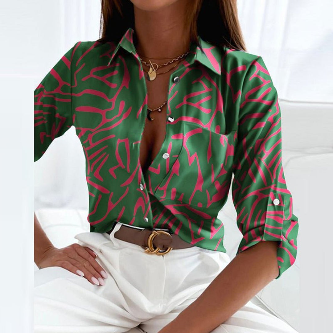 Freya | Women's Geometric Print Blouse Long Sleeve Button-Up Collared