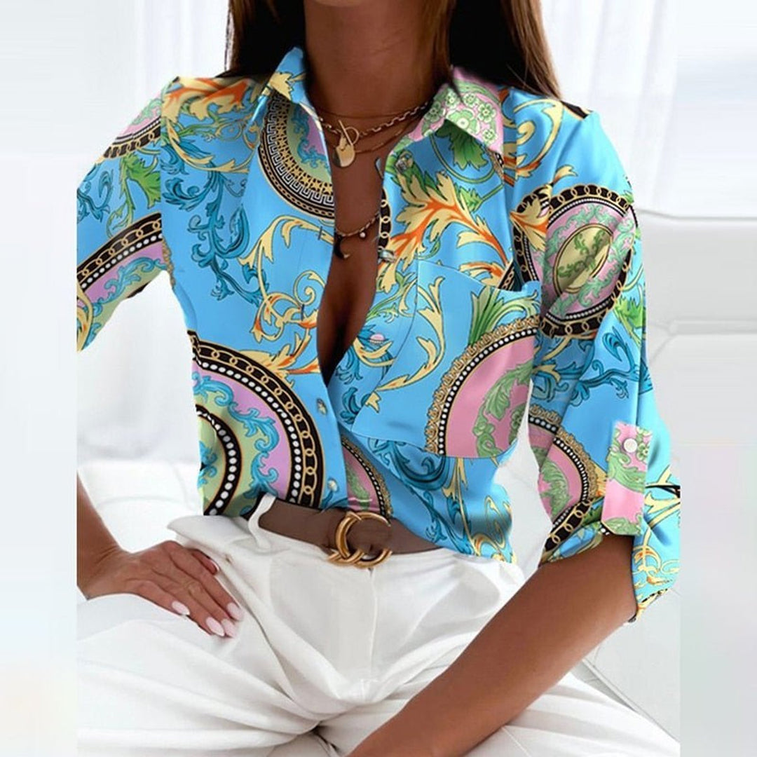 Freya | Women's Geometric Print Blouse Long Sleeve Button-Up Collared