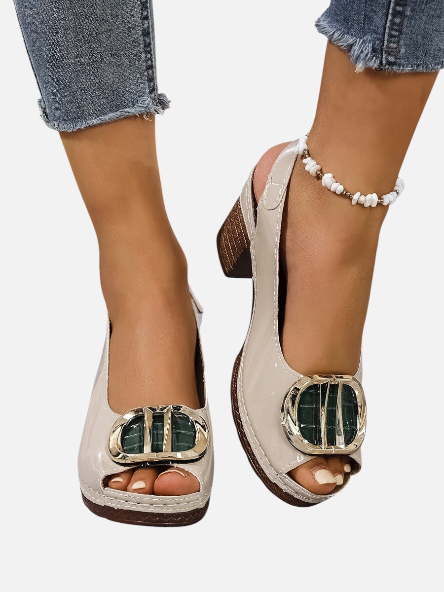Emily | Women's Glossy Faux Leather Block Heel Peep Toe Heeled Court Shoes