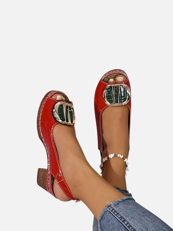 Emily | Women's Glossy Faux Leather Block Heel Peep Toe Heeled Court Shoes
