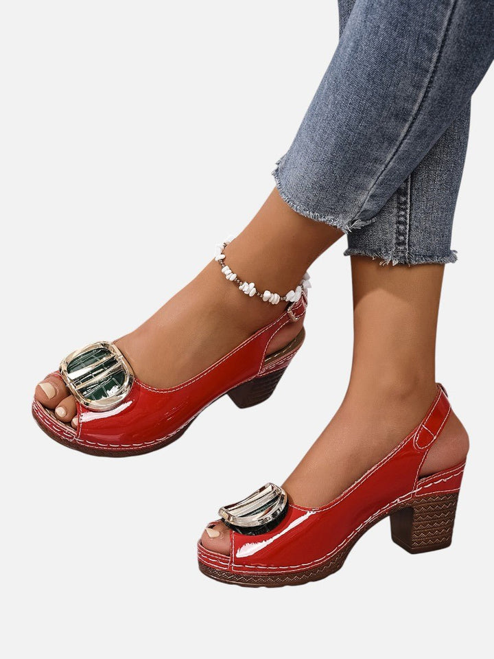 Emily | Women's Glossy Faux Leather Block Heel Peep Toe Heeled Court Shoes
