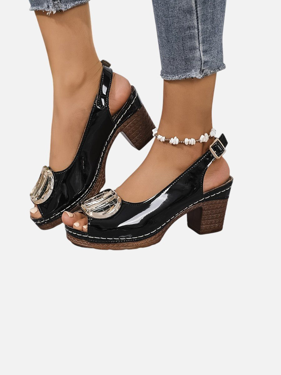 Emily | Women's Glossy Faux Leather Block Heel Peep Toe Heeled Court Shoes