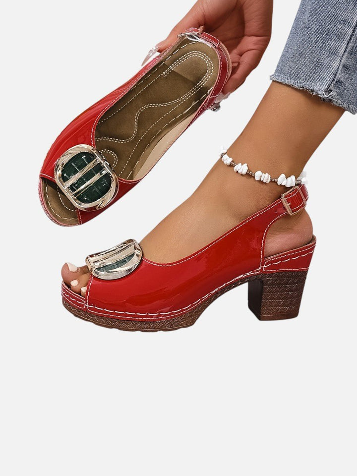 Emily | Women's Glossy Faux Leather Block Heel Peep Toe Heeled Court Shoes