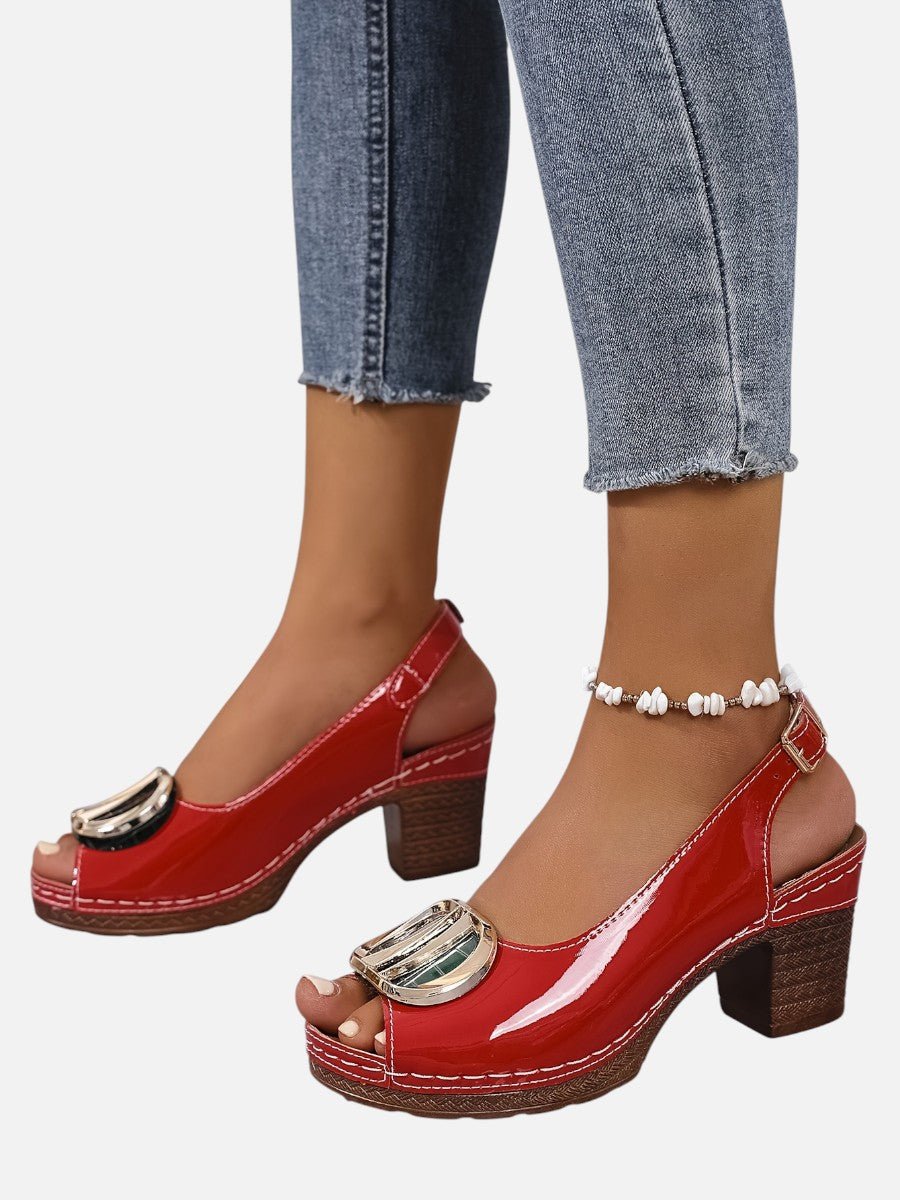 Emily | Women's Glossy Faux Leather Block Heel Peep Toe Heeled Court Shoes