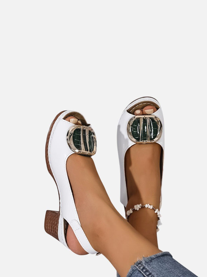 Emily | Women's Glossy Faux Leather Block Heel Peep Toe Heeled Court Shoes