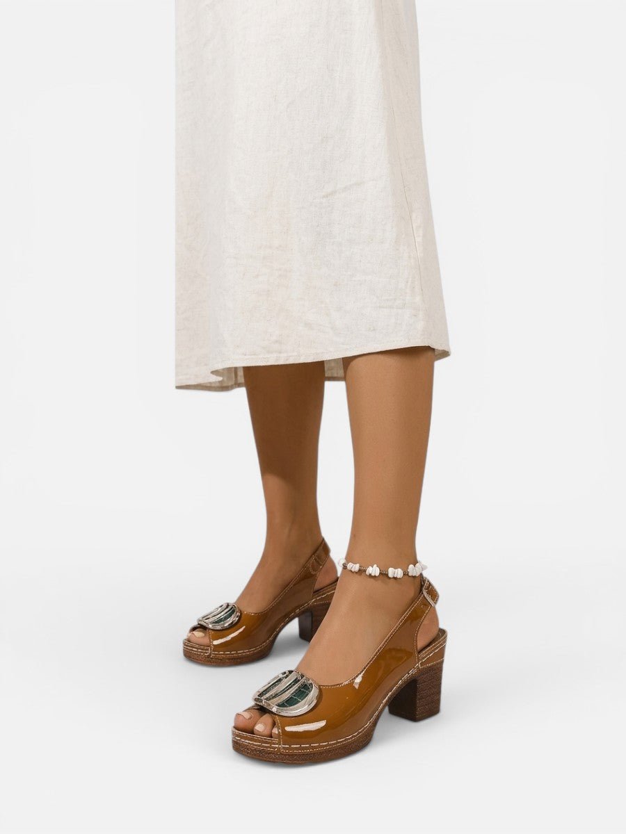 Emily | Women's Glossy Faux Leather Block Heel Peep Toe Heeled Court Shoes