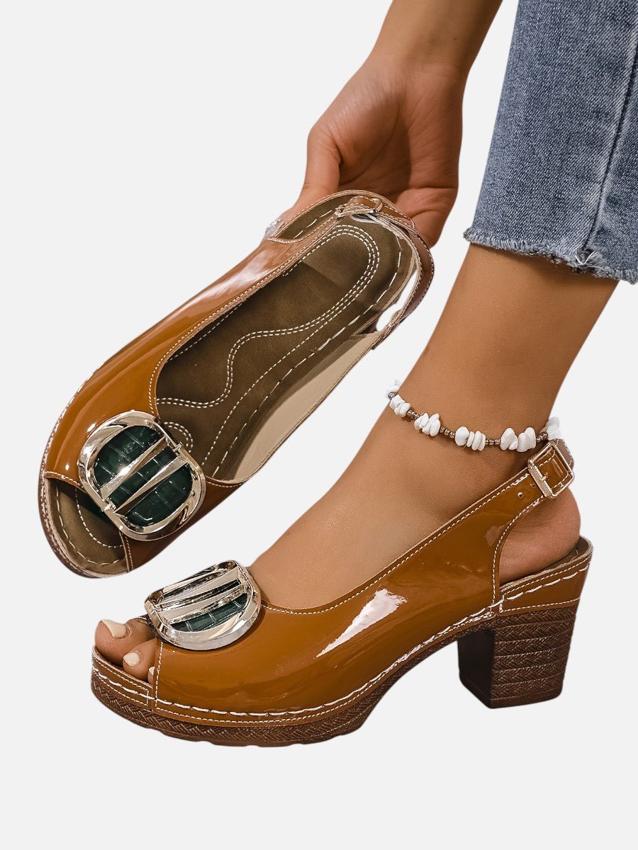 Emily | Women's Glossy Faux Leather Block Heel Peep Toe Heeled Court Shoes