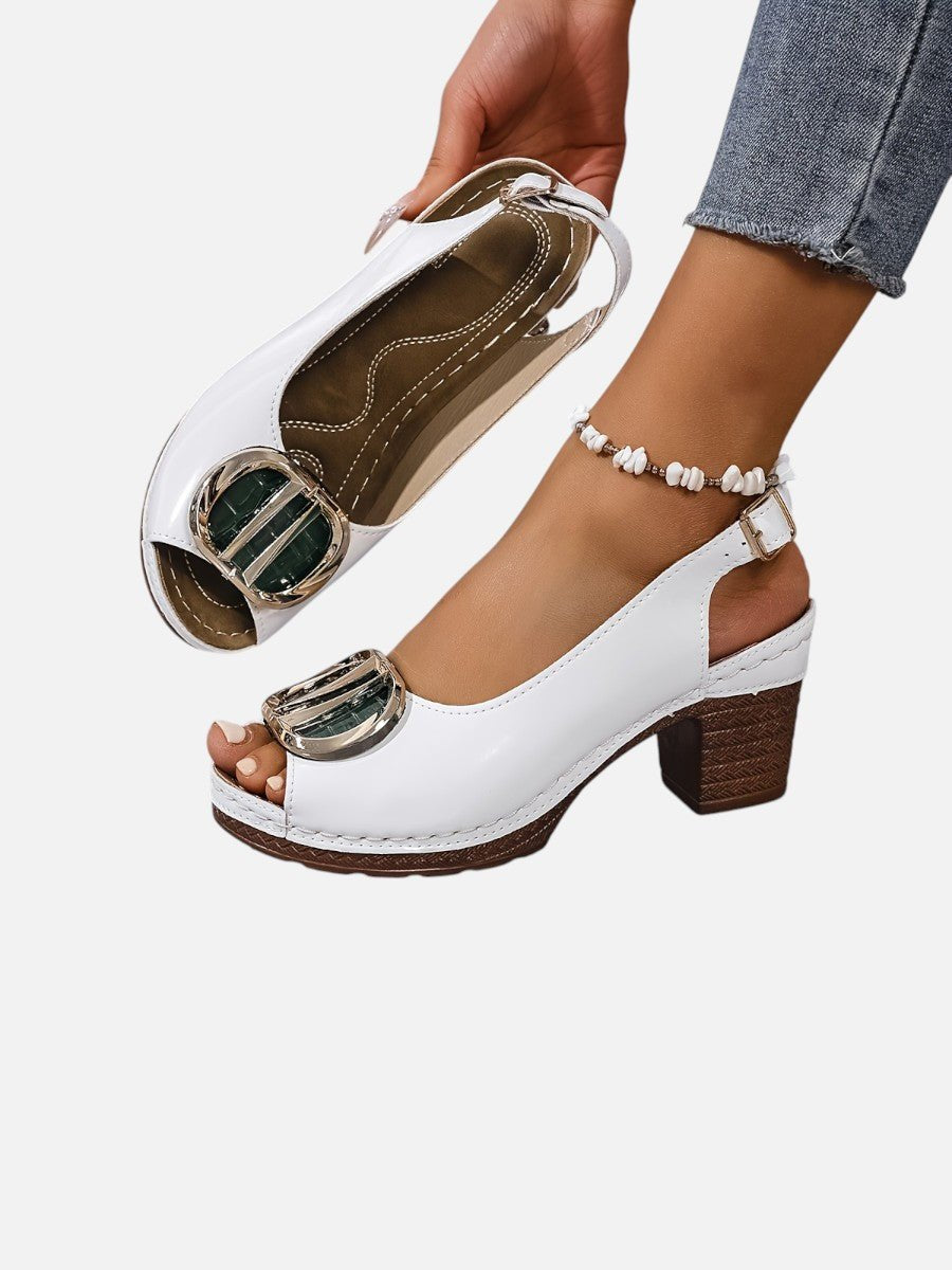 Emily | Women's Glossy Faux Leather Block Heel Peep Toe Heeled Court Shoes