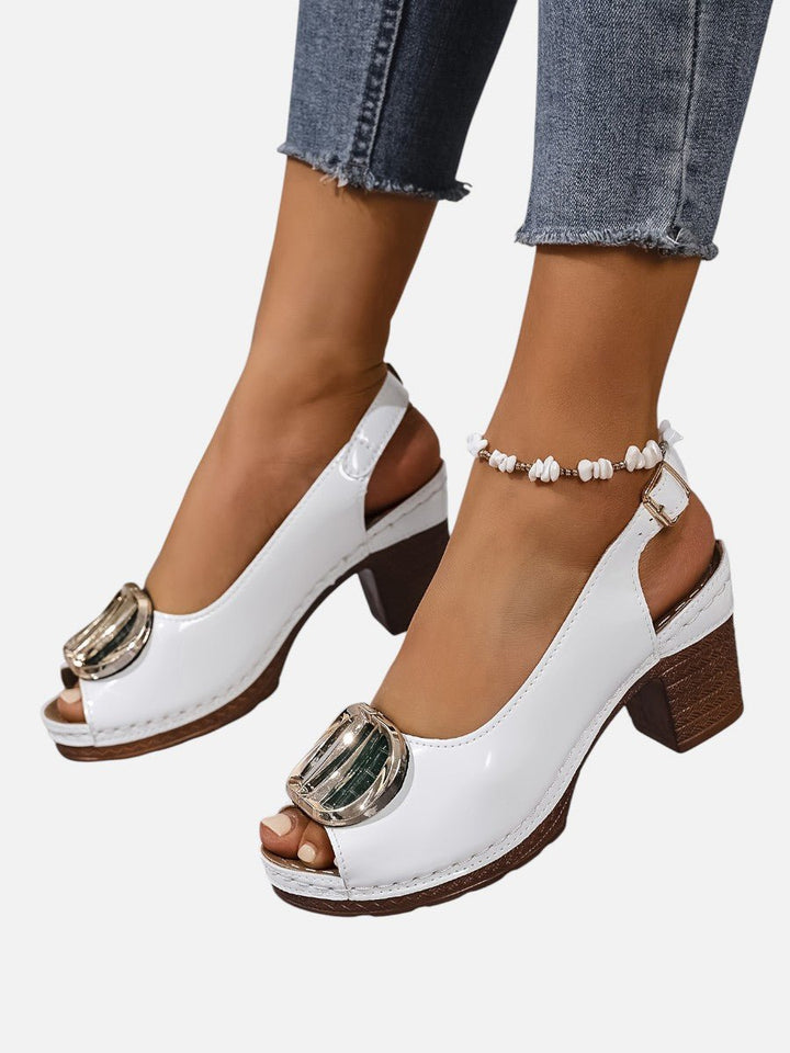 Emily | Women's Glossy Faux Leather Block Heel Peep Toe Heeled Court Shoes