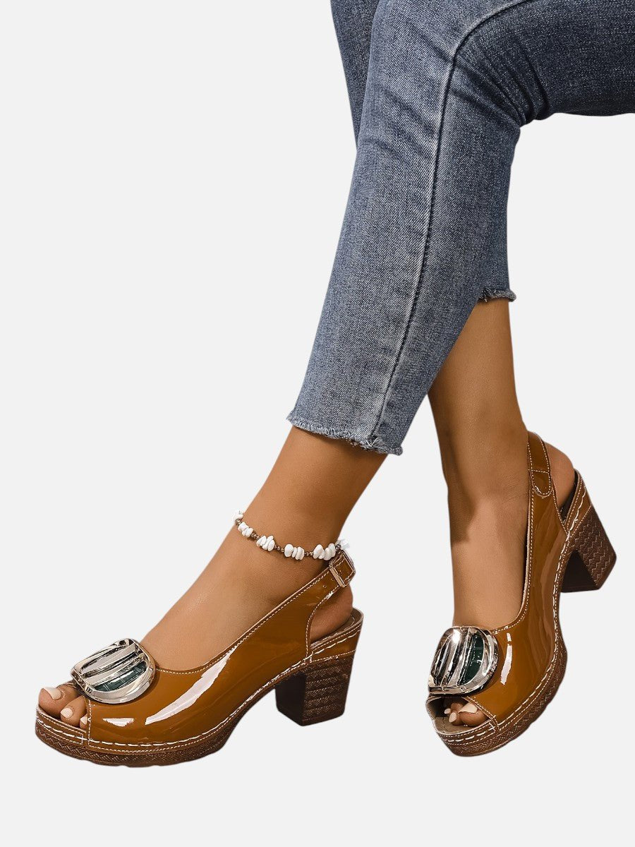 Florence | Women's Glossy Faux Leather Block Heel Court Shoes Buckle