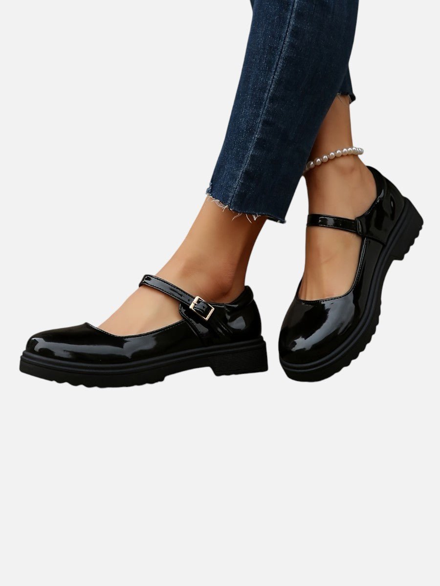 Lily | Women's Glossy Patent Leather Mary Jane Buckle Strap Loafers