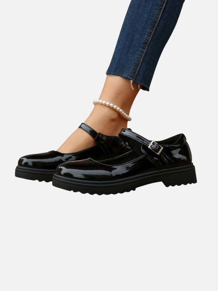 Lily | Women's Glossy Patent Leather Mary Jane Buckle Strap Loafers