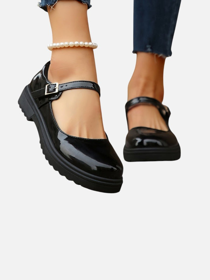 Lily | Women's Glossy Patent Leather Mary Jane Buckle Strap Loafers