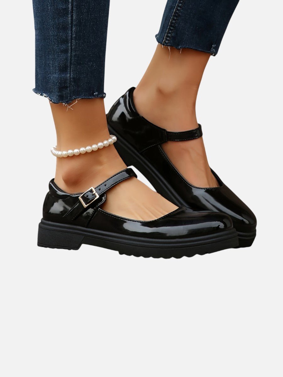 Lily | Women's Glossy Patent Leather Mary Jane Buckle Strap Loafers