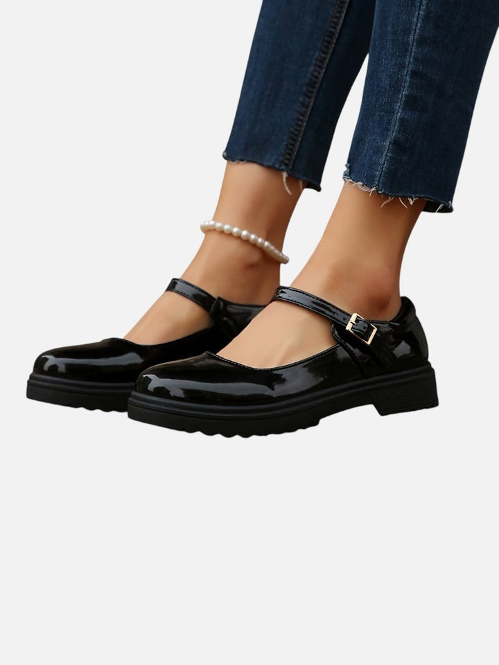 Lily | Women's Glossy Patent Leather Mary Jane Buckle Strap Loafers