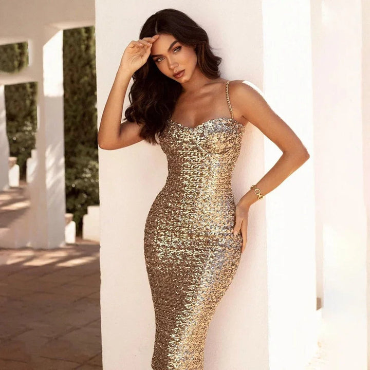 Rosie | Women's Gold Sequin Fitted Christmas Party Midi Dress Thin Straps
