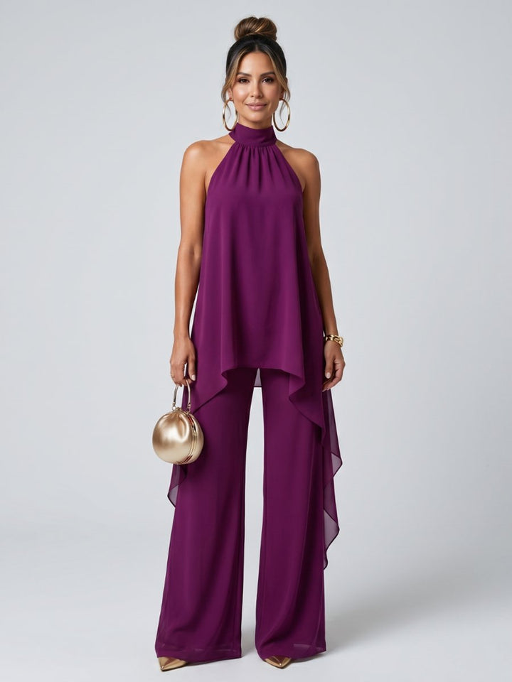 Freya | Women's Halter Neck Co-ord Set Asymmetric Top & Wide-Leg Trousers