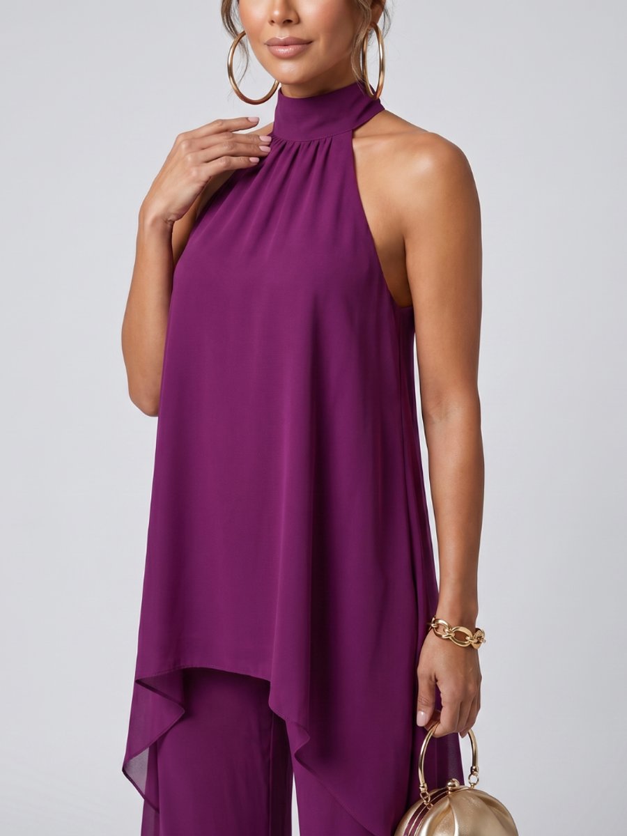 Freya | Women's Halter Neck Co-ord Set Asymmetric Top & Wide-Leg Trousers