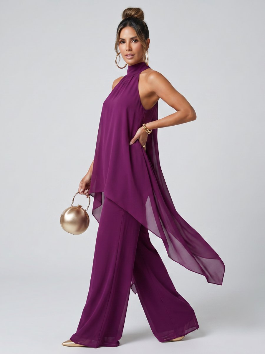 Freya | Women's Halter Neck Co-ord Set Asymmetric Top & Wide-Leg Trousers