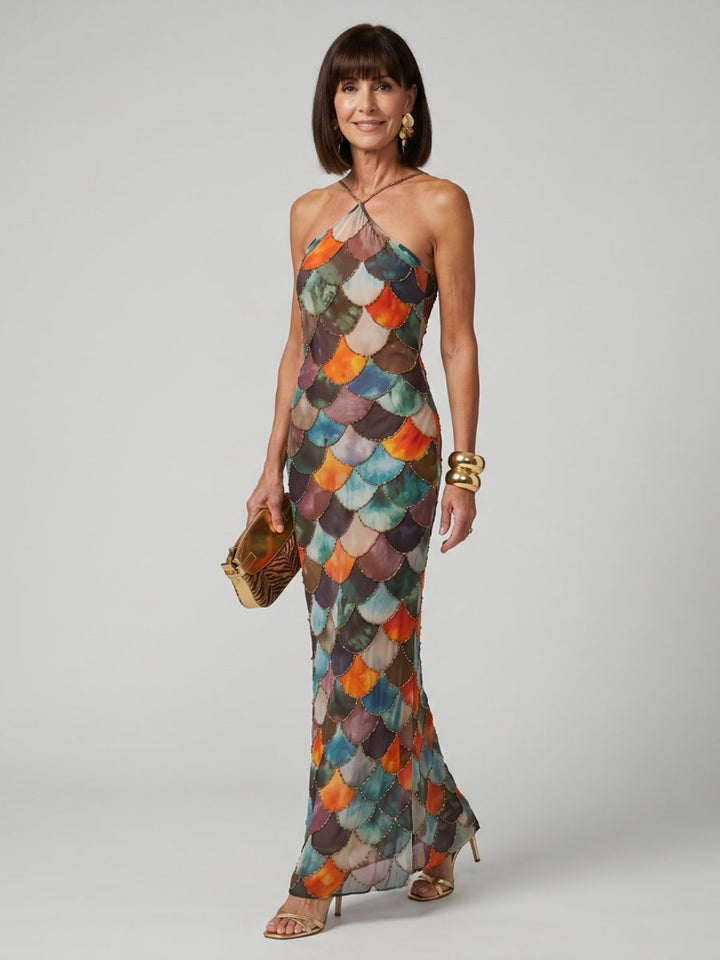 Amelia | Women's Halter-Neck Maxi Party Dress Scale Print Fitted