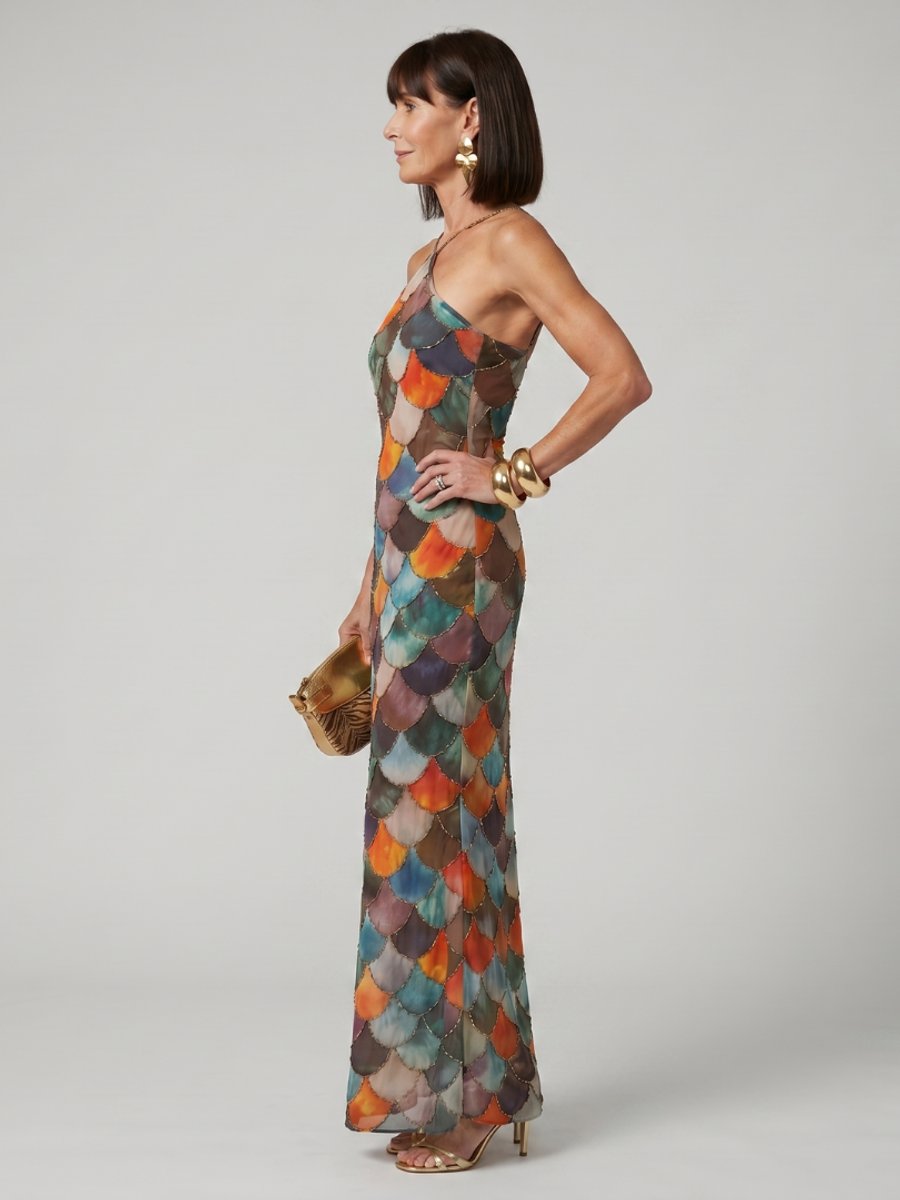 Amelia | Women's Halter-Neck Maxi Party Dress Scale Print Fitted