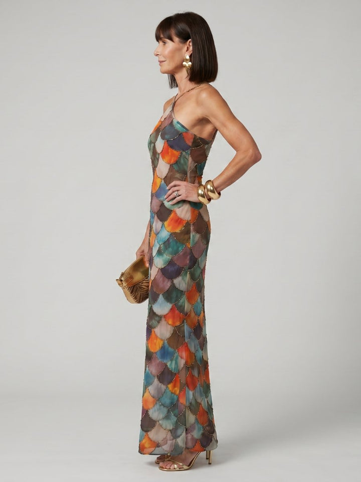 Amelia | Women's Halter-Neck Maxi Party Dress Scale Print Fitted