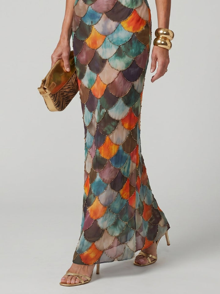 Amelia | Women's Halter-Neck Maxi Party Dress Scale Print Fitted