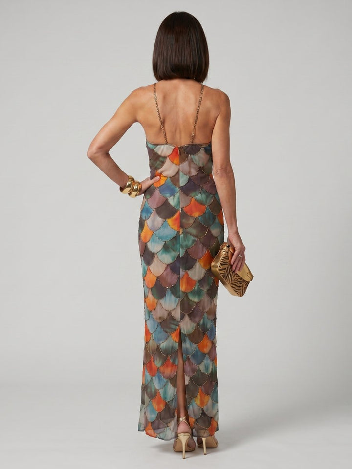 Amelia | Women's Halter-Neck Maxi Party Dress Scale Print Fitted
