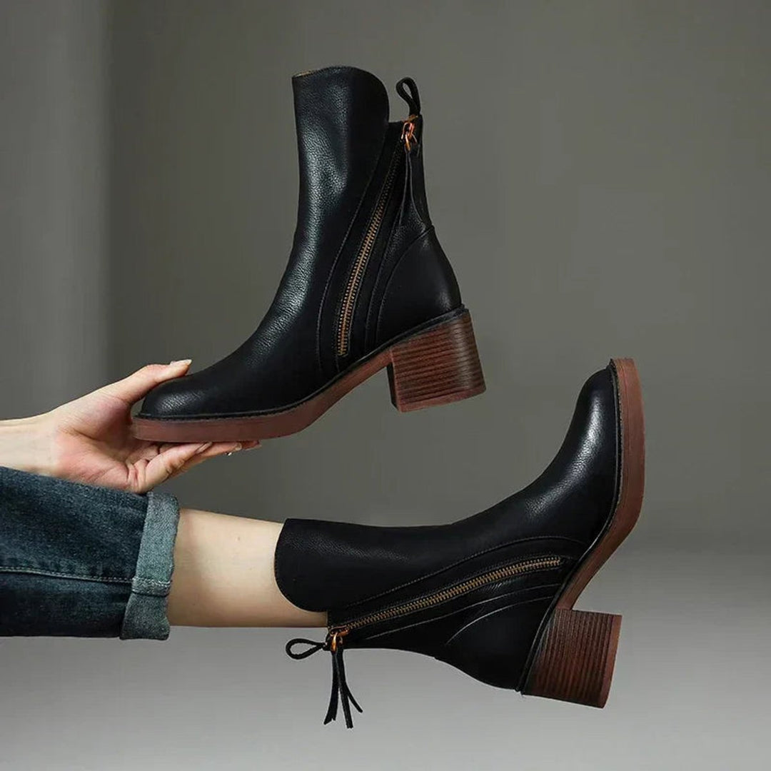 Olivia | Women's Heeled Ankle Boots Block-Heel Side-Zip Leather-Look