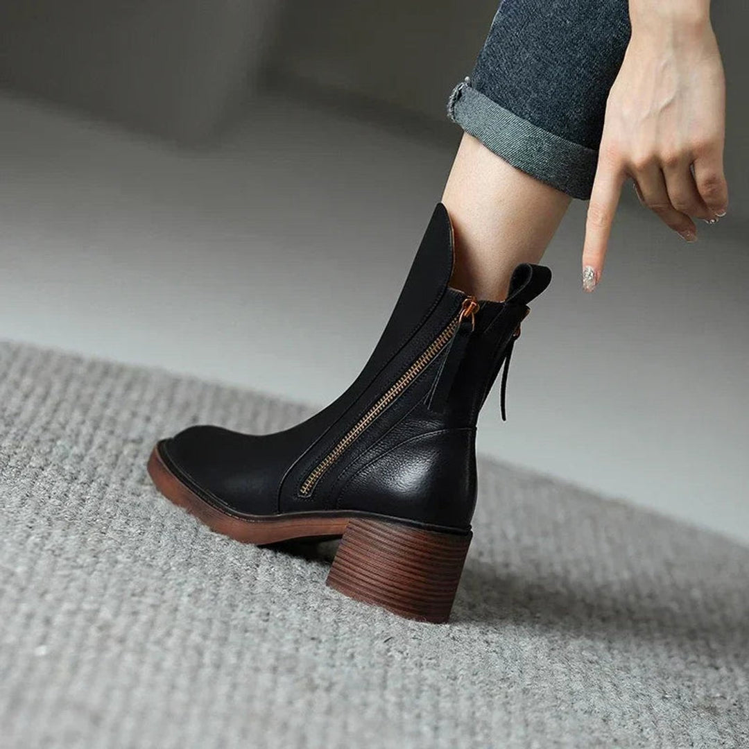 Olivia | Women's Heeled Ankle Boots Block-Heel Side-Zip Leather-Look
