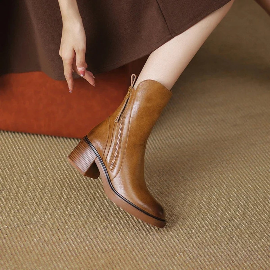 Olivia | Women's Heeled Ankle Boots Block-Heel Side-Zip Leather-Look