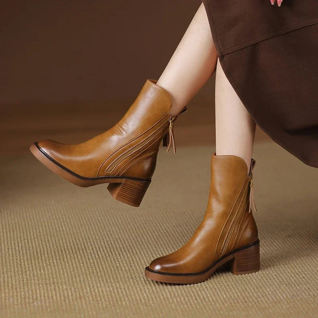 Olivia | Women's Heeled Ankle Boots Block-Heel Side-Zip Leather-Look