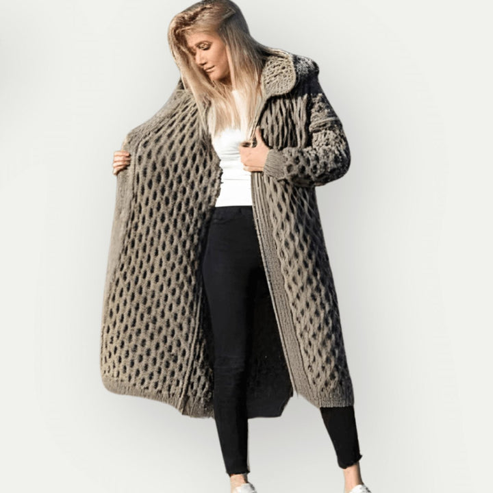 Lily | Women's Hooded Cable-Knit Longline Coat Oversized Wool-Look