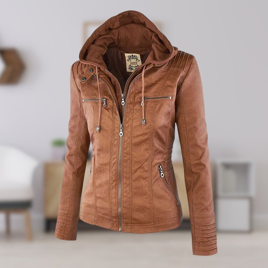 Florence | Women's Hooded Faux Leather Removable Hood Biker Coat
