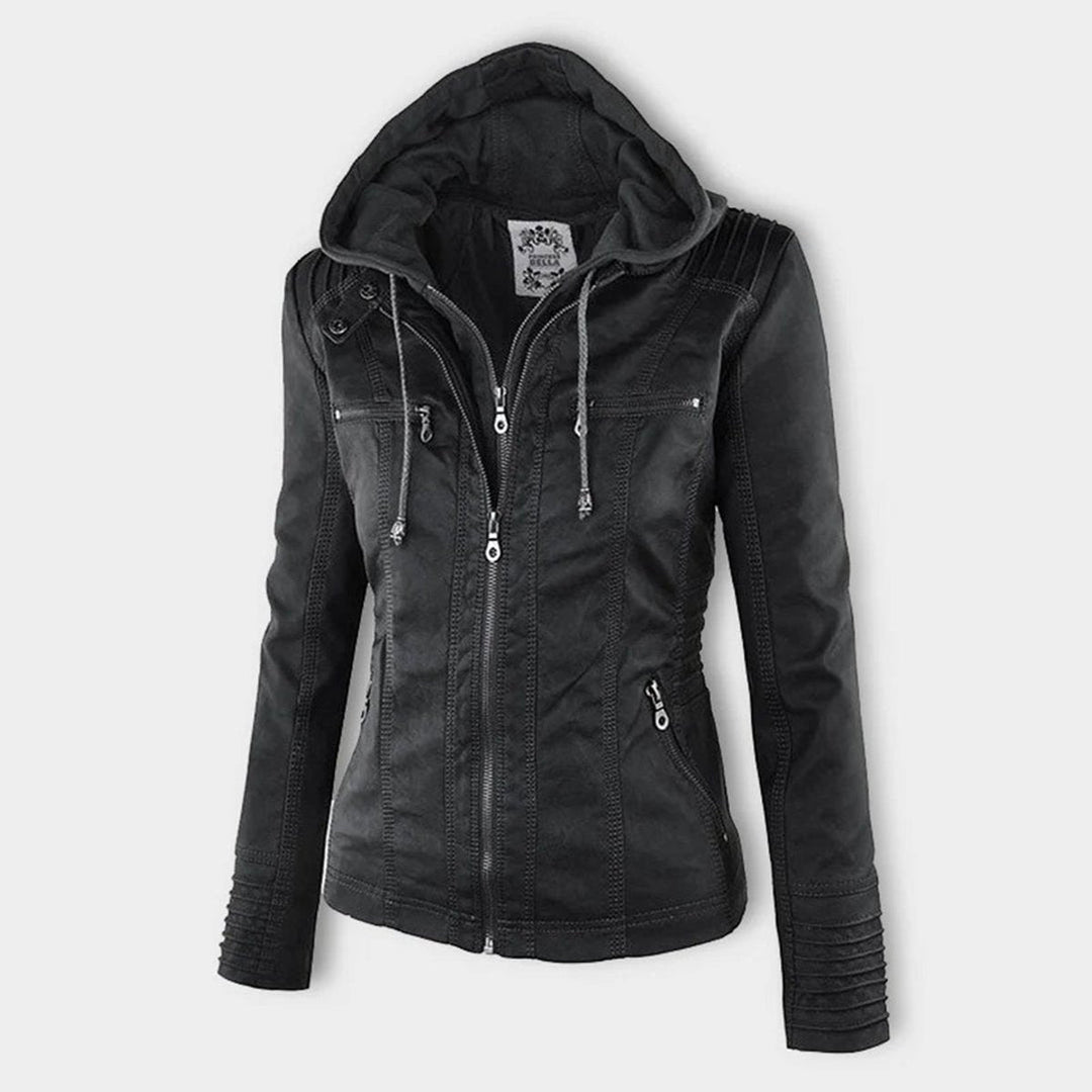 Florence | Women's Hooded Faux Leather Removable Hood Biker Coat