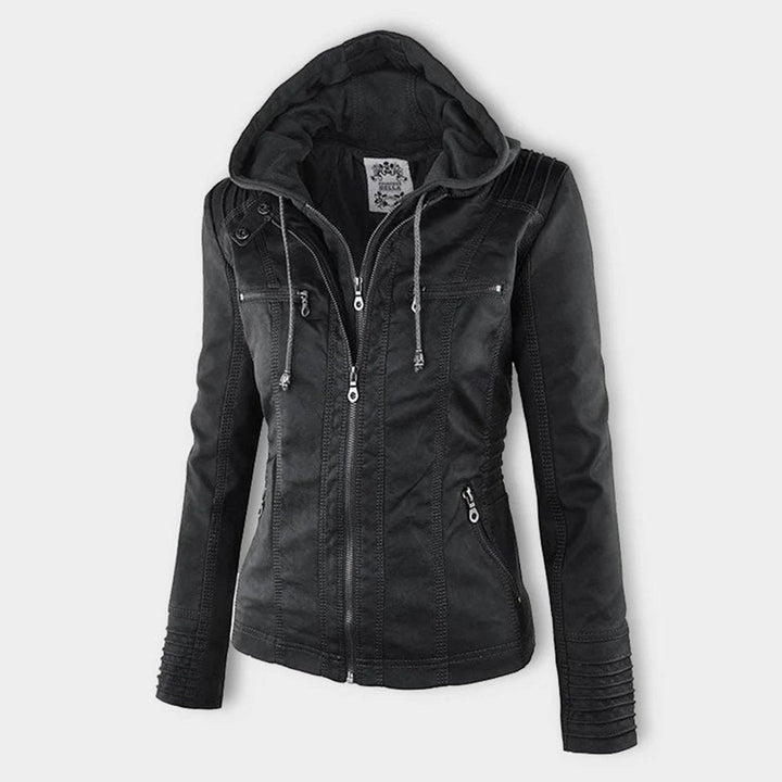 Florence | Women's Hooded Faux Leather Removable Hood Biker Coat