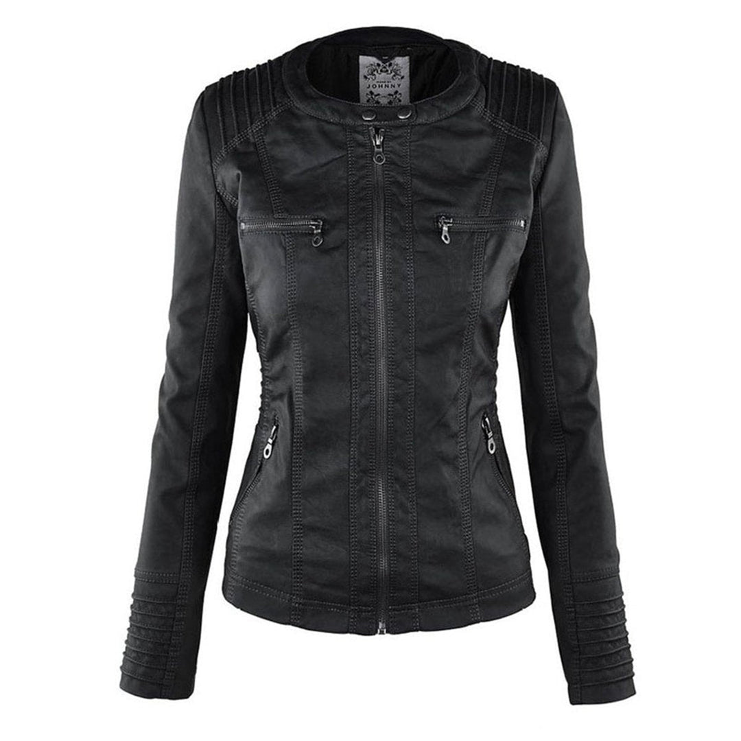 Florence | Women's Hooded Faux Leather Removable Hood Biker Coat