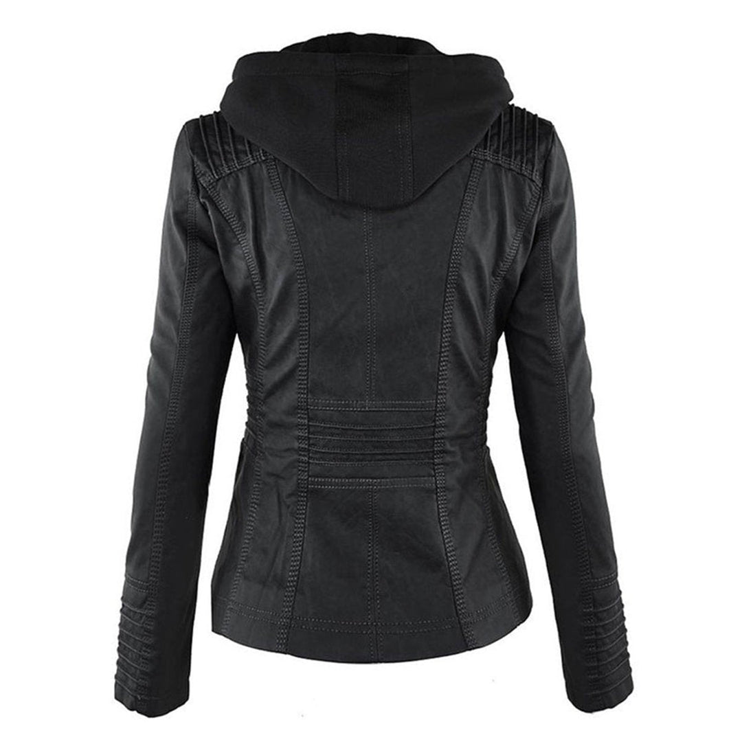 Florence | Women's Hooded Faux Leather Removable Hood Biker Coat