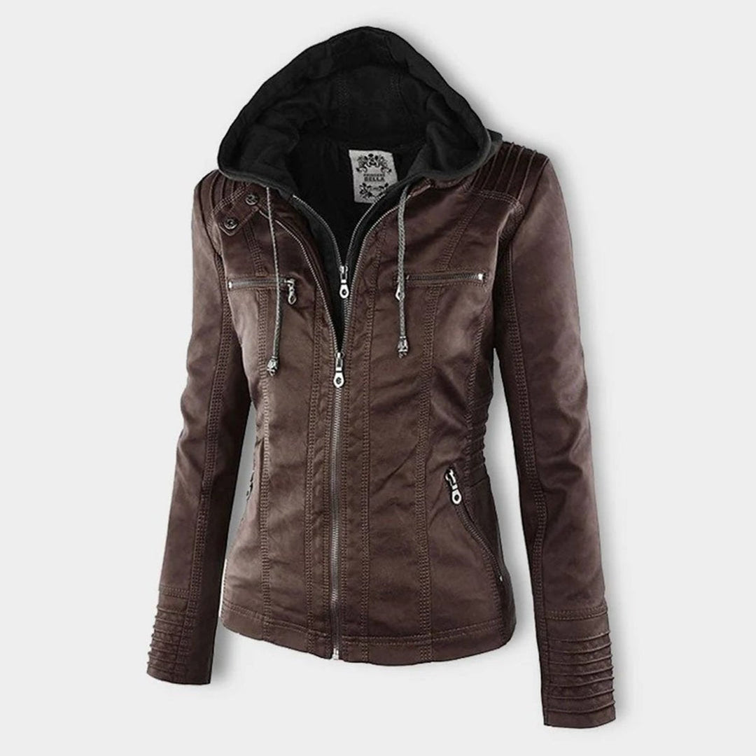 Florence | Women's Hooded Faux Leather Removable Hood Biker Coat