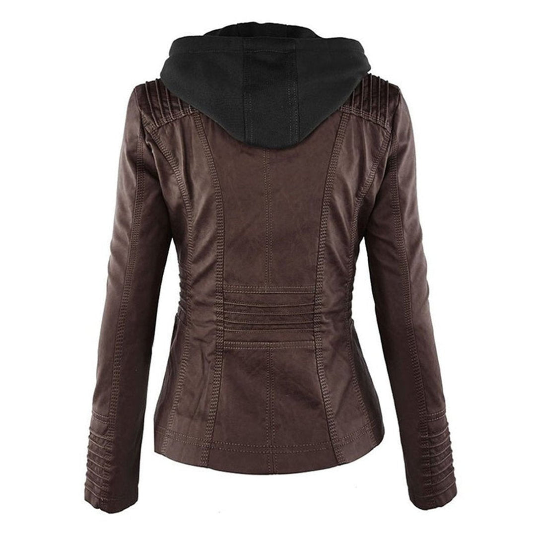 Florence | Women's Hooded Faux Leather Removable Hood Biker Coat