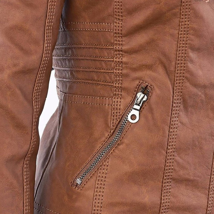 Florence | Women's Hooded Faux Leather Removable Hood Biker Coat