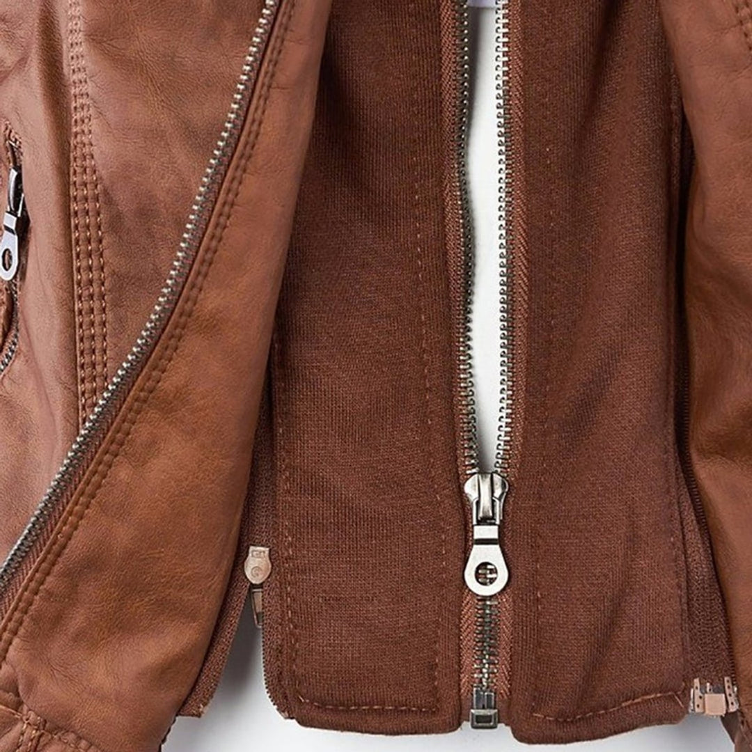 Florence | Women's Hooded Faux Leather Removable Hood Biker Coat