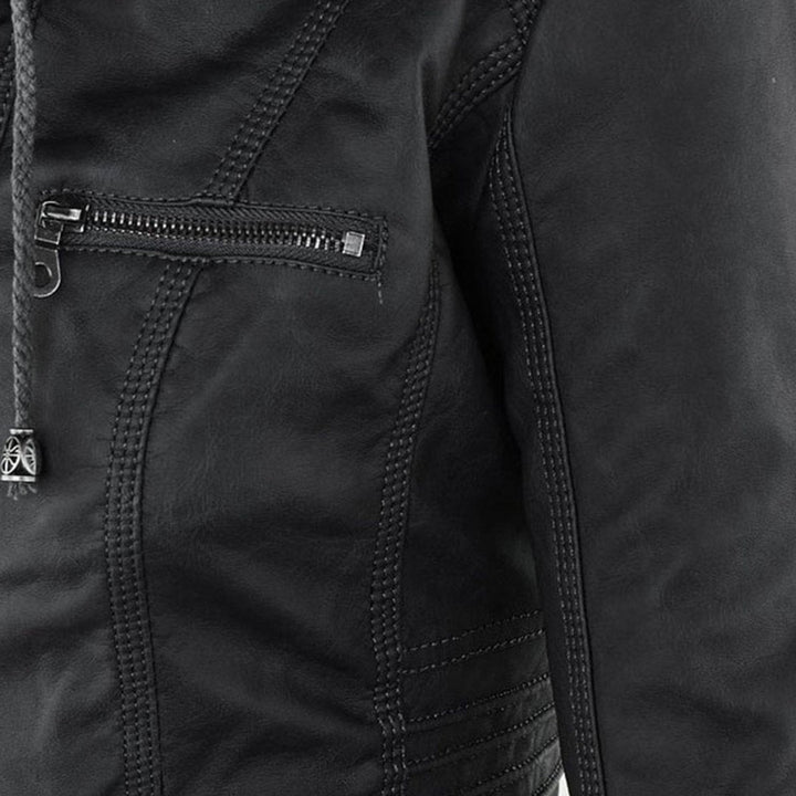 Florence | Women's Hooded Faux Leather Removable Hood Biker Coat