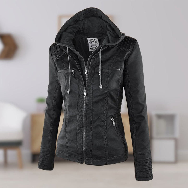 Florence | Women's Hooded Faux Leather Removable Hood Biker Coat